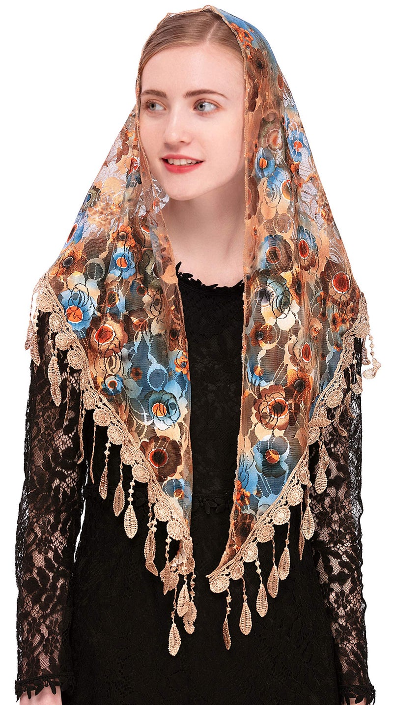 PAMOR Mass Veil Triangle Mantilla Cathedral Head Covering Chapel Veil Lace Shawl Latin Scarf (Beige) - Image 1